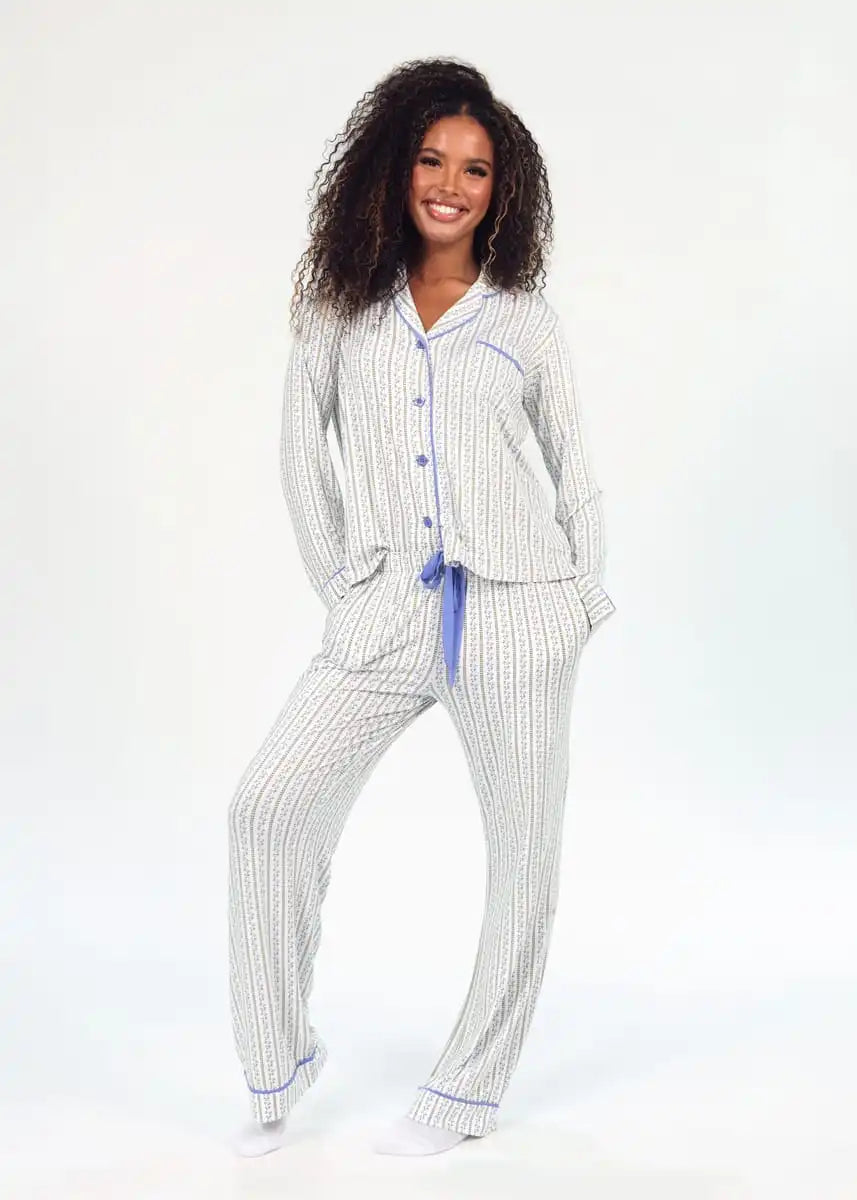 Women's Button Up Pant Set - Periwinkle Stripe