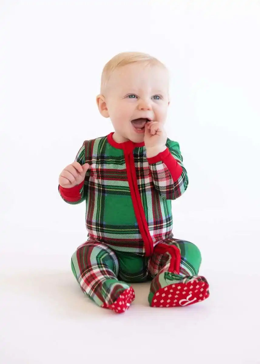Infant Unisex Zipper Footie - Green Plaid