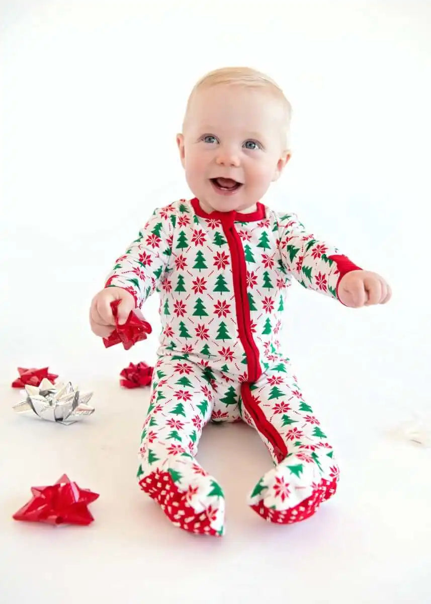 Infant Unisex Zipper Footie - Poinsettia and Tree