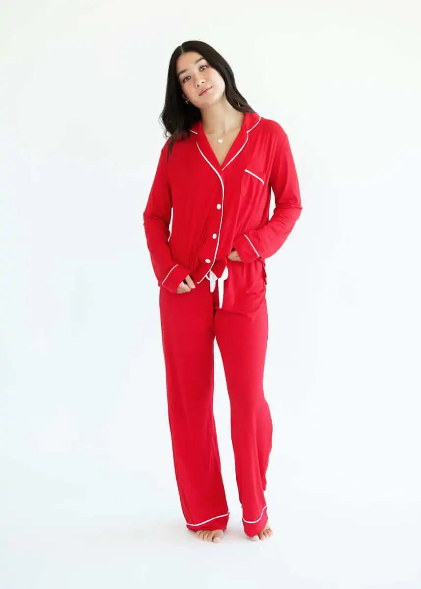 Women's Button Up Pant Set - Red