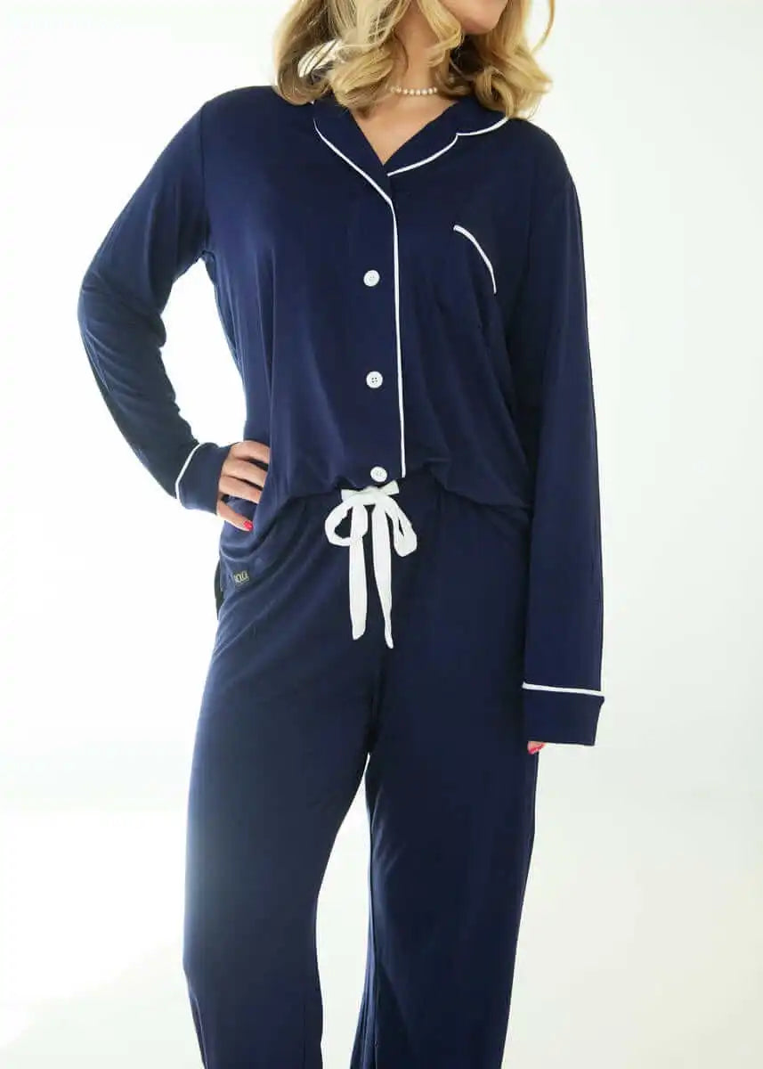 Women's Button Up Pant Set - Navy